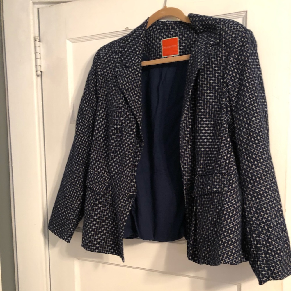 Modcloth Blue Print Peplum Blazer W/Back Bow S-3X
